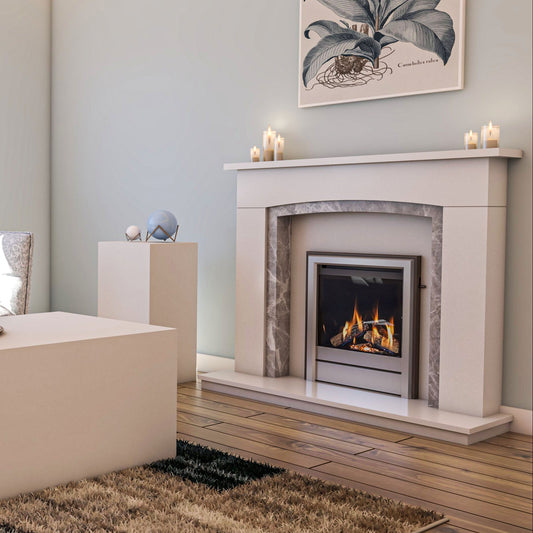 Modern living room with a fireplace, sofa, and decorative elements.