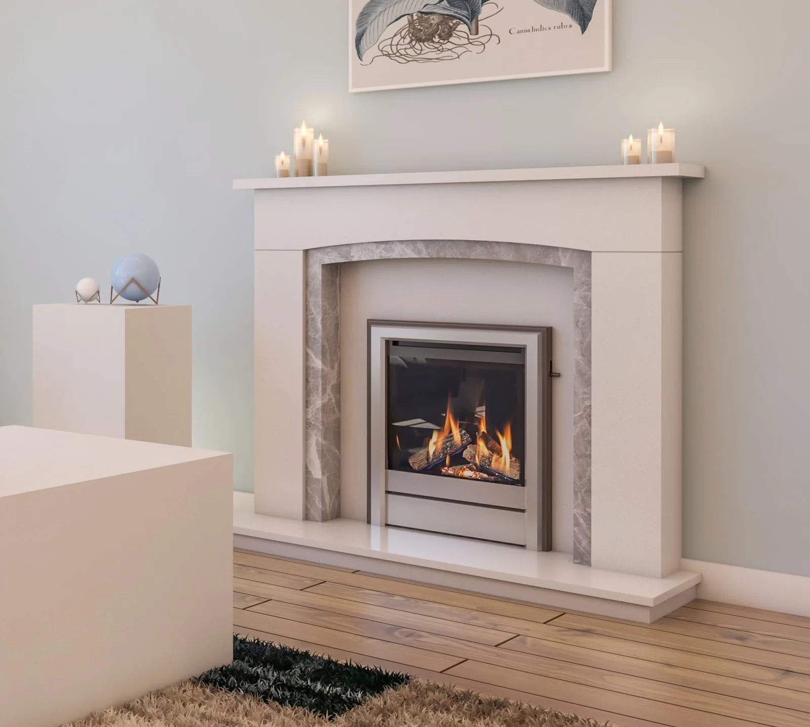 Electric fire set into a marble fireplace surround