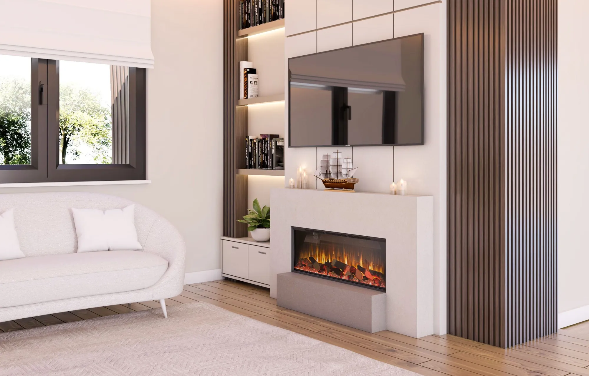 Contemporary fire opening with marble surround