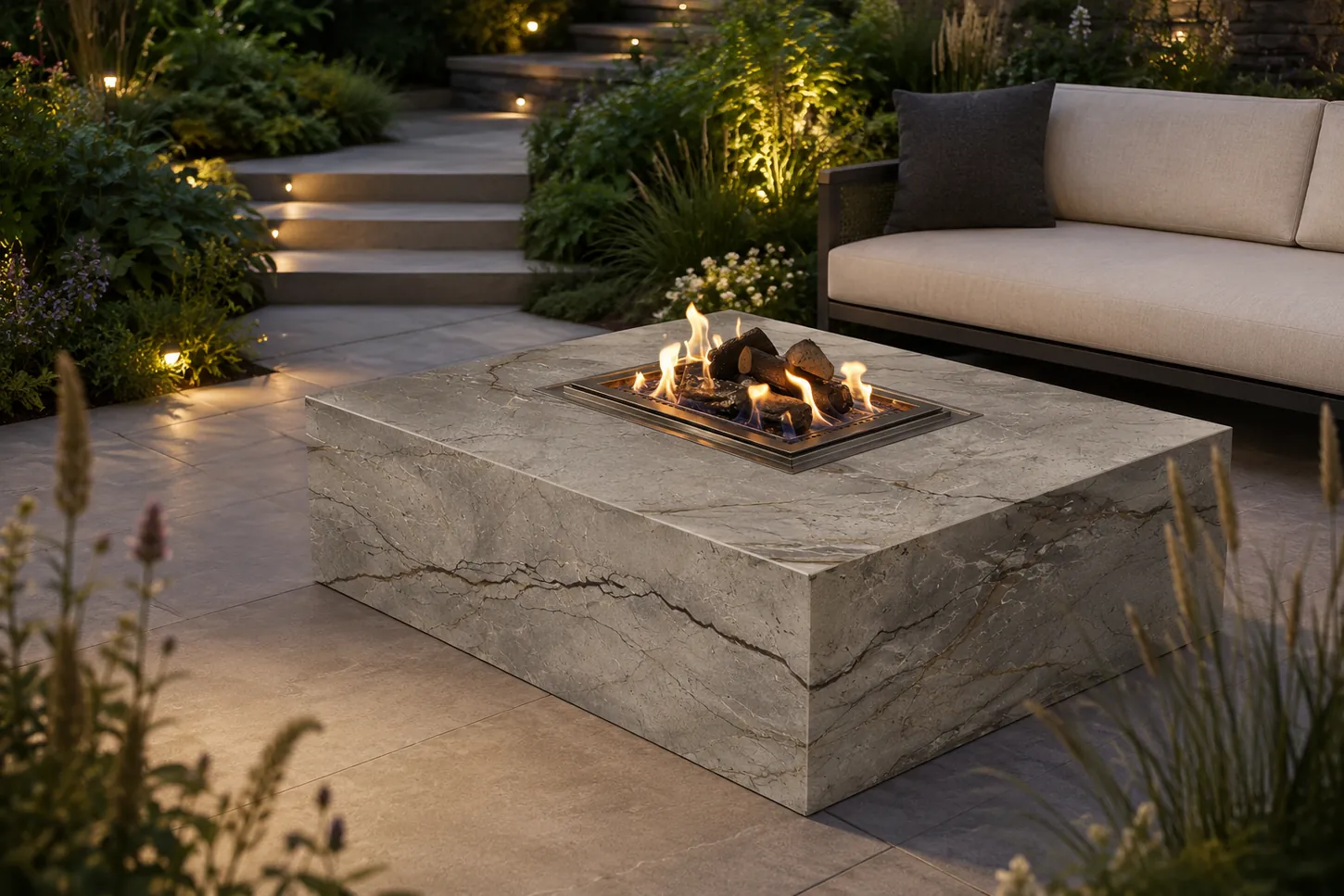 Stone bioethanol fire pit table burning outdoors